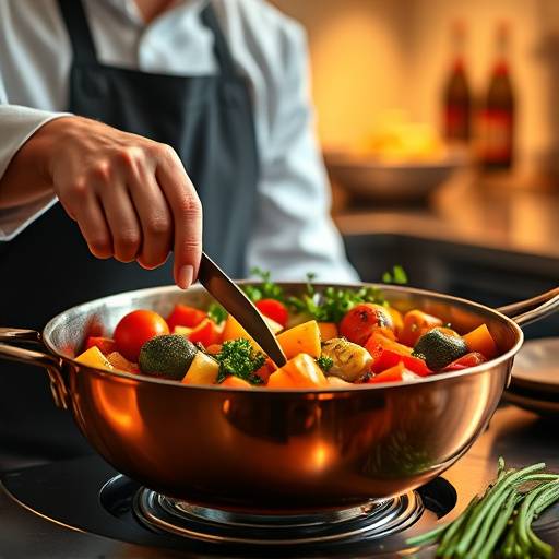 Chef préparant une ratatouille dans une grande poêle en cuivre