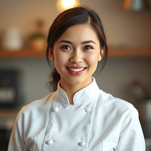 Portrait du Chef Isabelle Moreau, souriante et en tenue de cuisine