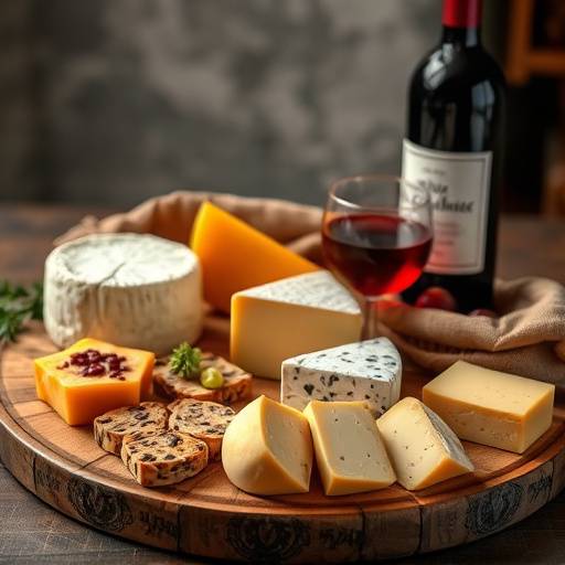 Un plateau de fromages variés et une bouteille de vin rouge