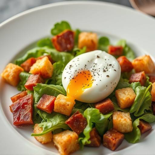 Une salade lyonnaise appétissante avec des lardons, des croûtons et un œuf poché